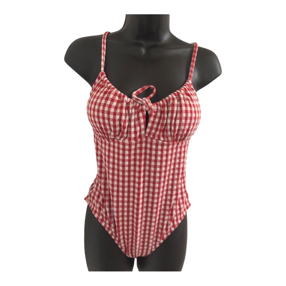 Retro red white gingham print bust tie one piece swimsuit size large brand new